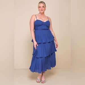 NWOT Lulu’s Cascading Crush Cobalt Blue Tiered Bustier Midi Dress‎ Sz XL
